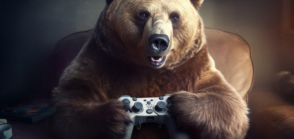 ai generated, bear, video game, gaming, living room, nature, animal