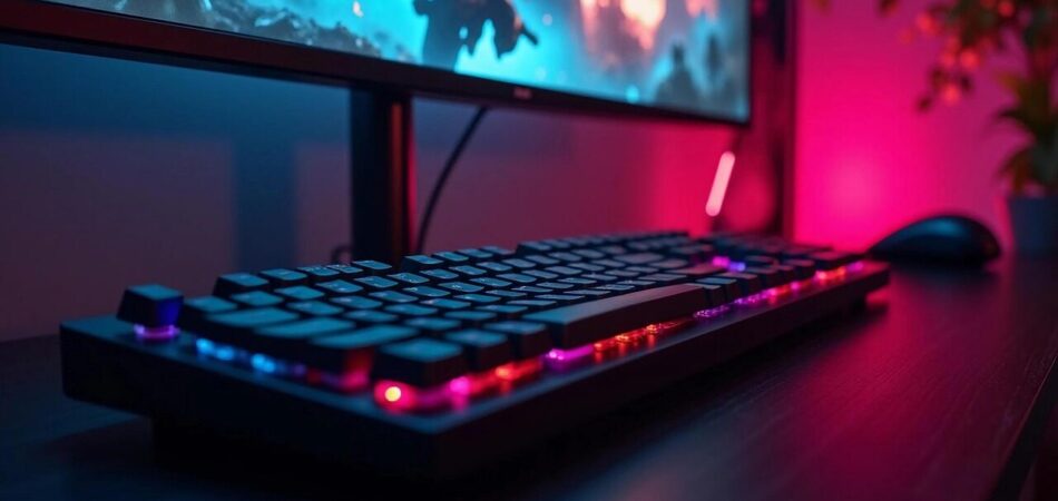 ai generated, gaming, keyboard, rgb, backlighting, computer, technology, mechanical keyboard, setup, workstation, dark, vibrant, lighting, monitor, immersive, gaming setup
